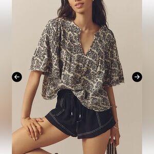 Anthropologie pintuck short sleeve 100% cotton top ivory and black